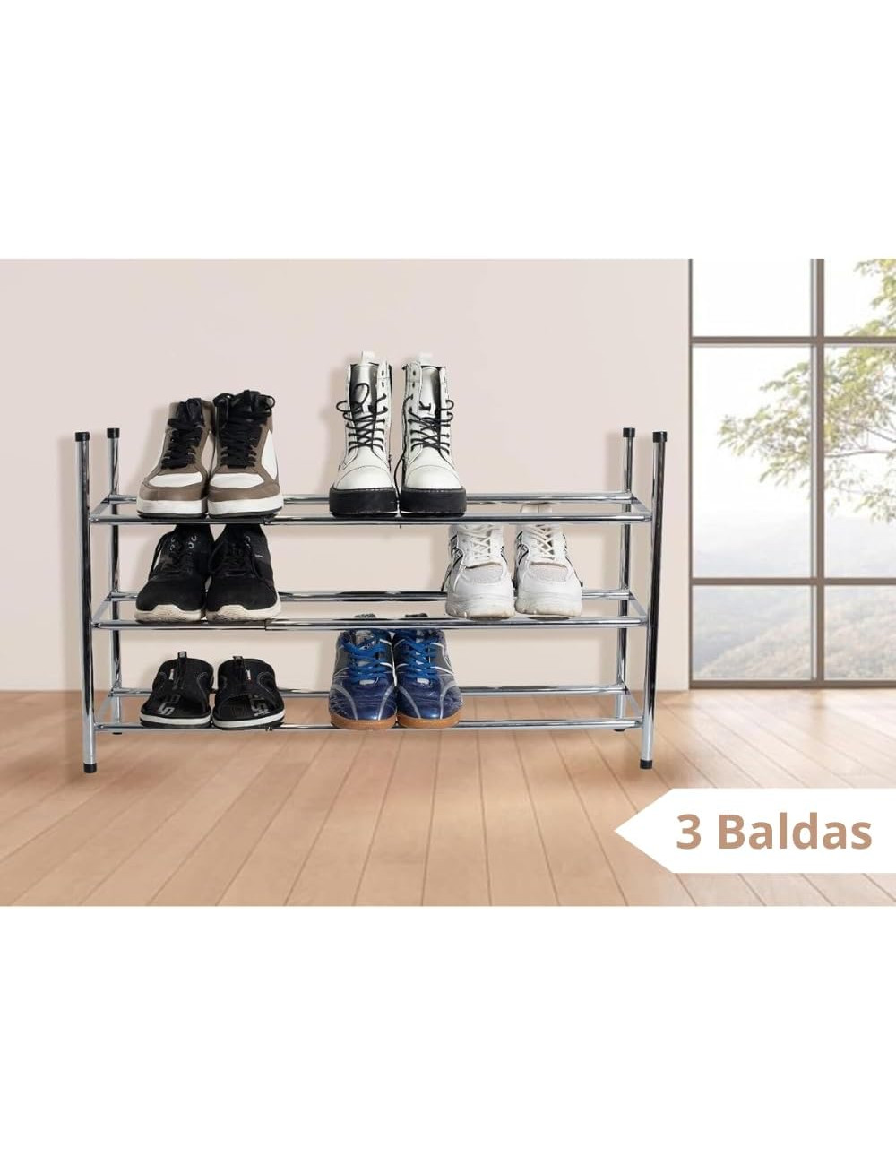 Zapatero Extensible Y Apilable Knight 3 Niveles - Cromado, De 62 A 113 Cm, Capacidad 18 Pares